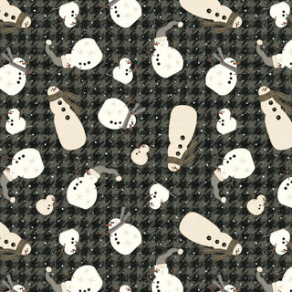 Snowy Days & Frosty Nights by Kathi Campbell: Snowman Toss Moss 8471-62 from 47-EE Schenck features playful snowmen in hats and scarves with snowflakes on a moss background—ideal for winter quilting cotton projects.