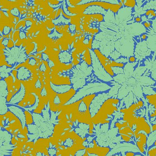 Tilda Bloomsville Blender Abloom DIJON TIL110081 by Fabric by Tilda features light blue and green flowers on a mustard yellow background. Sold by the yard with free shipping.