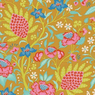 The Tilda Bloomsville Flowertangle MUSTARD TIL100516 Fabric Yardage by 15-Brewer features pink, blue, and white flowers with green leaves on a mustard yellow background—available by the yard with free shipping.