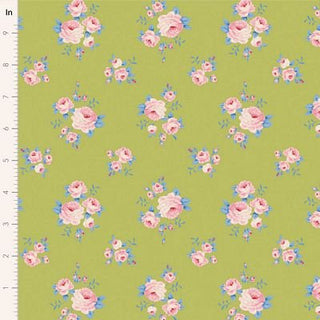Tilda Sunday Brunch MILLE LIME TIL100582 from Fabric by Tilda: premium green quilting cotton with romantic pink and blue floral bouquets; scale in inches shown on the left.