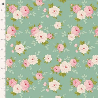 Tilda Sunday Brunch PERNILLE TEAL TIL100583 by Fabric by Tilda features premium aqua green quilting cotton with romantic pink and white roses, green leaves, and a left-side ruler, perfect for a vintage summerhouse look.