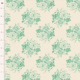 Tilda Sunday Brunch MIA TEAL TIL100584 by Fabric by Tilda: a premium quilting cotton in beige with green floral bouquets and an inch ruler on the left—ideal for your next floral quilting fabric project.