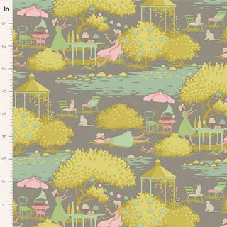 Tilda Sunday Brunch SUNDAY BRUNCH GREY TIL100586 by Fabric by Tilda features premium quilting cotton with outdoor garden scenes, florals, and vintage summerhouse vibes in green, yellow, and pink. Ruler shown for scale.