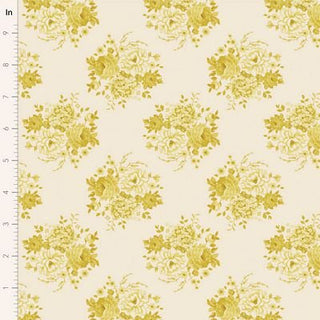 Tilda Sunday Brunch MIA SOUR YELLOW TIL100587 by Fabric by Tilda: Cream-colored premium quilting cotton with yellow floral bouquets for a vintage summerhouse vibe. Fabric shown next to an inch ruler for scale.