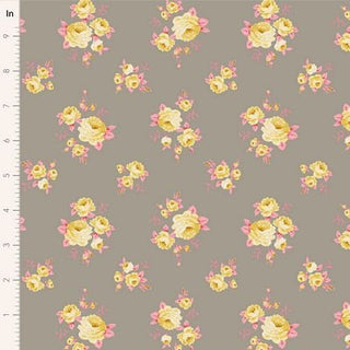 The Tilda Sunday Brunch MILLE GREY TIL100589 fabric by Tilda features premium taupe quilting cotton with romantic yellow and pink floral bouquets—ideal for a vintage summerhouse look. Includes a vertical inch ruler on the left for scale.