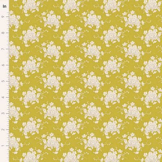 Tilda Sunday Brunch WHITE FLOWER SOUR YELLOW TIL100590 premium cotton fabric by Tilda features romantic white florals on yellow. Ruler shown for inch scale.