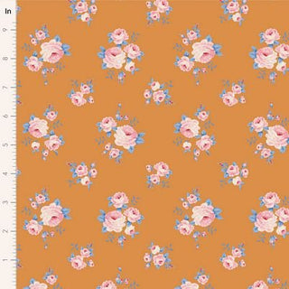 Tilda Sunday Brunch MILLE GINGER TIL100592 by Fabric by Tilda features premium orange quilting cotton with pink and white floral clusters and blue leaves, plus a ruler in inches for vintage summerhouse charm.