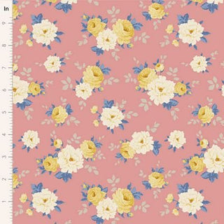 Tilda Sunday Brunch PERNILLE PINK TIL100593 by Fabric by Tilda is a premium quilting cotton in pink with romantic yellow and white roses, blue flowers, and gray leaves. Includes vertical inch ruler. Ideal for a vintage summerhouse look.