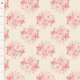Tilda Sunday Brunch MIA PINK TIL100594 by Fabric by Tilda features romantic pink floral bouquets on cream, in a vintage summerhouse style. A vertical ruler on the left side shows scale in inches.