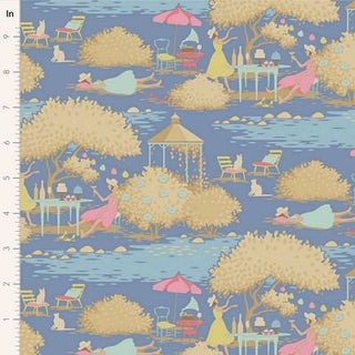 Tilda Sunday Brunch SUNDAY BRUNCH BLUE TIL100596 by Fabric by Tilda is premium quilting cotton with illustrated figures relaxing outdoors among trees, water, picnic tables, and pastel shrubs. Inch ruler shown along the left edge.