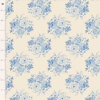 Tilda Sunday Brunch MIA BLUE TIL100597 by Fabric by Tilda: Cream premium quilting cotton with blue romantic florals and an inch ruler on the side—perfect for creating a vintage summerhouse vibe.