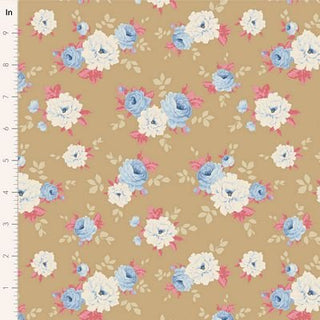 Tilda Sunday Brunch PERNILLE SAND TIL100598 by Fabric by Tilda features tan premium quilting cotton with romantic blue, white, and pink floral clusters and beige leaves. Includes an inch ruler for scale—ideal for a vintage summerhouse look.