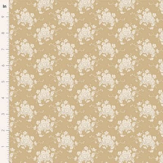 Tilda Sunday Brunch WHITE FLOWER SAND TIL100600 by Fabric by Tilda is a premium beige quilting cotton with repeating white romantic florals and an inch ruler on the side—ideal for vintage summerhouse projects.
