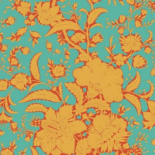 Tilda Bloomsville Blender Abloom TURQUOISE TIL110072 by Fabric by Tilda features an orange floral pattern with large flowers and leaves on a teal blue background, available as fabric by the yard.