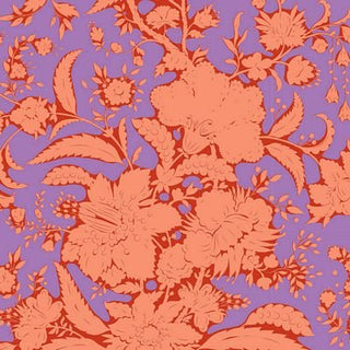 Tilda Bloomsville Blender Abloom IRIS TIL110077 by Fabric by Tilda features coral floral and leaf designs on a purple background—ideal fabric yardage for creative projects with free shipping.