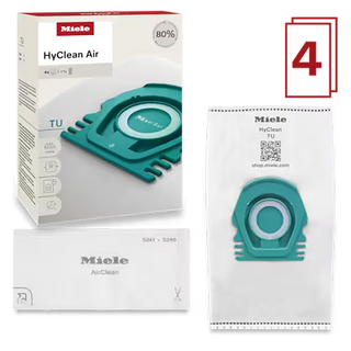 The Miele TU HyClean FilterBags - 4 Count by 2-Miele is displayed with its packaging and a close-up of one vacuum bag; a red box on the right highlights the number 4. This essential vacuum accessory (12774420) delivers optimal filtration for all your cleaning needs.