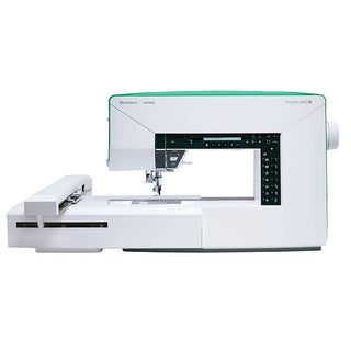 A white and green Husqvarna Viking Designer Jade 35 sewing machine on a white background.