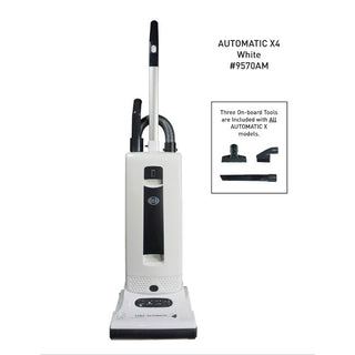 The SEBO Automatic X4 White by Vacuums 360 is an upright vacuum with automatic height adjustment, shown with three onboard attachment tools displayed to the right.