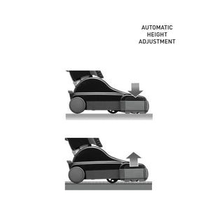 Two side-view diagrams of the SEBO Automatic X4 White by Vacuums 360 show its automatic height adjustment—arrows demonstrate movement up and down to adapt to different floors, making it perfect for effortless pet hair removal.