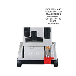 Front view of the SEBO Automatic X4 White base by Vacuums 360, featuring an orange handle position slider, flat-to-the-floor vacuuming label, and automatic height adjustment for effortless pet hair removal.