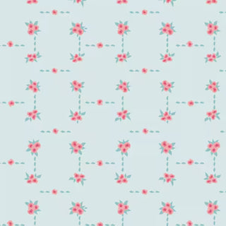 CUR8RO406 BLOSSOM ROAD Cur8tor Romantica by AGF Studio for 69-Art Gallery Fabrics features a light blue background with small pink flowers and dotted teal lines in a vintage-inspired floral grid—ideal for shabby chic fabric or quilting projects.