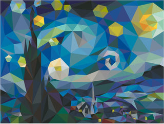 Explore Layton In-Store Class's Legit Kits Starry Night BOM 2026-ANNUAL KIT—an abstract geometric take on Van Gogh’s "Starry Night" in blue, yellow, and black, ideal for your next sewing project or block-of-the-month class.
