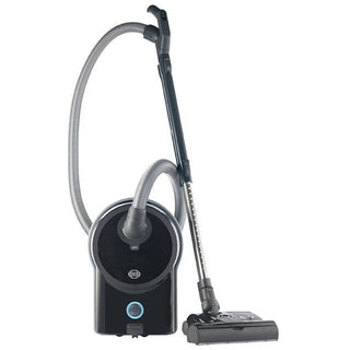 The 27-Sebo Airbelt D4 Premium Onyx canister vacuum features advanced filtration, a flexible hose, telescopic handle, and wheeled base, shown upright against a white background.