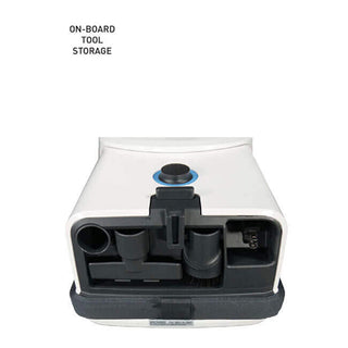 A close-up of the 27-Sebo Airbelt D4 Premium White canister vacuum base features compartments for on-board tool storage for various cleaning attachments.