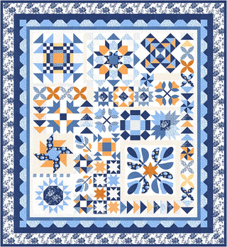 The Denim Halloween Figs Quilt Kit featuring Denim & Daisies by Fig Tree Quilts from Moda presents a 66" x 72" patchwork quilt highlighted by blue and orange geometric patterns and floral designs, bordered with white and blue floral prints. This piece effortlessly combines classic charm with vibrant hues, making it a visually stunning ensemble.