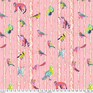 Cheerful birds and animals perch on white birch branches against a lively pink backdrop in the vibrant Tula Pink Full Moon Forest II PWTP.245-HONEY Family Tree Fabric Yardage by Free Spirit TULA PINK. Made from premium quilting cotton, this fabric features an inch-marked ruler along the bottom edge for easy scale reference.