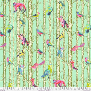 The Tula Pink Full Moon Forest II Family Tree Fabric by Free Spirit features premium quilting cotton with illustrated multicolored birds, owls, and raccoons perched on birch tree trunks against a light green background (PWTP.245-ENCHANTED). A ruler along the bottom edge indicates scale.