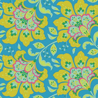Add a bright touch to your sewing projects with the Tilda Bloomsville FLOWERMARKET SKY TIL100517 Fabric Yardage by Fabric by Tilda, featuring a vivid floral pattern with large yellow and green stylized flowers, teal leaves, and pink accents on a blue background. Perfect as premium quilting cotton or for any creative project, this fabric is available by the yard.