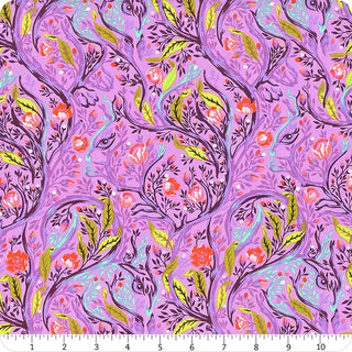 Tula Pink Full Moon Forest II PWTP.247-BLOSSOM “Branch Manager” quilting cotton fabric by Free Spirit TULA PINK features a repeating pattern of abstract deer faces amid floral branches and leaves in shades of pink, green, yellow, and orange. A ruler appears along the bottom edge for scale—perfect for adding vibrant Tula Pink inspiration to your projects.