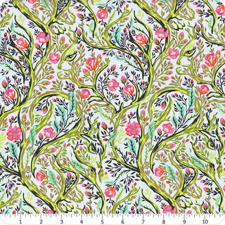 Introducing the Tula Pink Full Moon Forest II PWTP.247-STARLIGHT Branch Manager Fabric Yardage by Free Spirit TULA PINK—a premium quilting cotton featuring a delicate floral pattern of green leafy vines and pink flowers on a crisp white background. A ruler at the bottom provides inch measurements for easy reference.