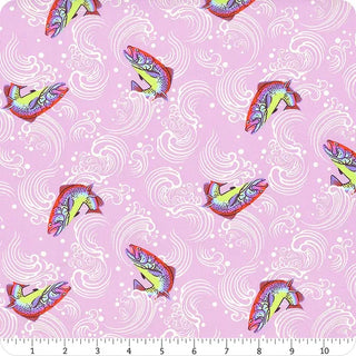 Tula Pink Full Moon Forest II PWTP.249-BLOSSOM Sofishticated Fabric Yardage by 48-Free Spirit features colorful fish and white swirling wave designs on a pink background. A ruler at the bottom displays measurements in inches, making this fabric perfect for your next sewing project.