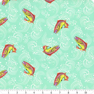 Tula Pink Full Moon Forest II PWTP.249-ENCHANTED Sofishticated Fabric Yardage by Free Spirit TULA PINK features a charming pattern of colorful fish and swirling white water on a light aqua background, meticulously crafted from premium quilting cotton—ideal for your next quilting project. The ruler at the bottom displays measurements in inches. This fabric is inspired by the whimsical style of Tula Pink.
