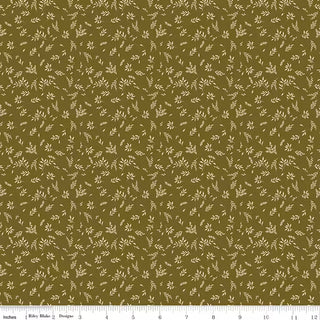 Bountiful by Sandy Gervais for RBD C17868-GREEN LEAVES GREEN Fabric Yardage from 56-Riley Blake features premium olive green quilting cotton with an all-over small cream leaf pattern. A ruler at the bottom displays measurements in inches from 0 to 12. This high-quality fabric is sold by the yard, making it perfect for your next sewing project.