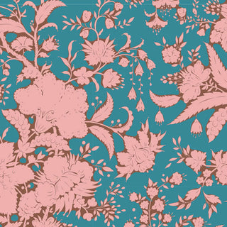 Tilda Bloomsville Blender Abloom PETROL TIL110073 by Fabric by Tilda features a seamless pink floral pattern with leaves on teal blue, available as fabric by the yard.