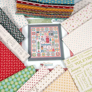 Displayed around the "Let's Make a Snowman" quilt pattern, the Let's Make a Snowman Sew Along Quilt Kit Featuring Home Town Holiday by Lori Holt from Sew & Vac includes a vibrant selection of fabric squares. These fabrics showcase various designs such as floral, geometric, and Home Town Holiday motifs, making them perfect for your next quilt top.