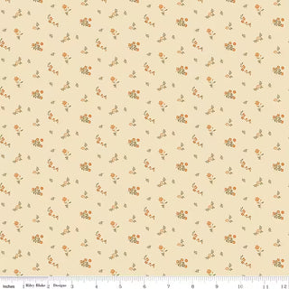 Bountiful by Sandy Gervais for RBD C17866-IVORY FLOWER TOSS IVORY Fabric Yardage by 56-Riley Blake features a premium ivory cotton fabric with a small, scattered floral pattern in orange, yellow, and green. Shown with a ruler along the bottom edge for scale, this fabric is ideal for quilting projects and is available by the yard.