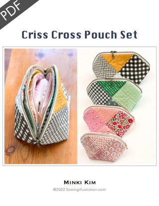 Five quilted zipper pouches in assorted colors and patterns are displayed, with one pouch open to show the interior; labeled “Minki Kim Criss Cross Pouch Set Class Sat Sept 19 1-4 pm LAYTON LOCATION ONLY” by Layton In-Store Class. Perfect for participants in a sewing class at Imagine Sewing & Vacuum in Layton, Utah.