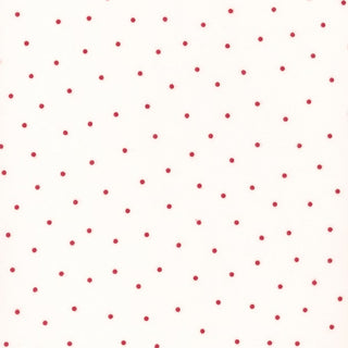 The Kimberbell Basics Flannel Small Dots White/Red MASF8210-WR by 42-Kimberbell features a white background with evenly spaced red polka dots, crafted from soft double-brushed cotton—ideal for quilting or cozy flannel projects.