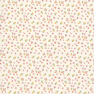 Minki Kim Cotton Nook Flowers Vintage White C17975-VINTAGEWHITE by 56-Riley Blake features small red, yellow, and pink flowers with green leaves evenly spaced in a repeating pattern on a cream-colored background, making it perfect for nostalgic prints and quilt fabric in keepsake sewing projects.