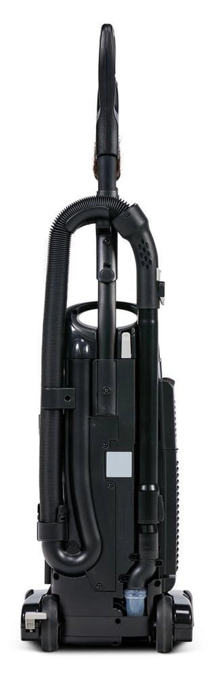 The Riccar R27CV Cordless Upright Vacuum by Imagine Sewing & Vacuum, shown from the back, delivers powerful cleaning with an attached hose, convenient wheels, and advanced HEPA filtration for superior air quality.
