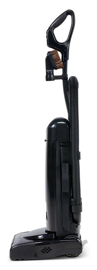 The Riccar R27CV Cordless Upright Vacuum by Imagine Sewing & Vacuum features powerful cleaning with an attached hose and brush, shown standing upright on a white background.