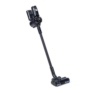 The Riccar R65 Cordless Stick Vacuum features a sleek black design with SupraCyclonic™ filtration, HEPA media filters, a detachable canister, and LED lights on the brush head.