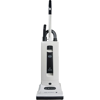 The 27-Sebo Sebo Automatic X4 Boost, a white upright vacuum with handle, hose attachment, control panel, and hospital-grade filtration, stands on a plain background.