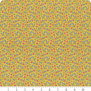 The Tilda Sunday Brunch Blender TIPSY YELLOW fabric by Fabric by Tilda features premium yellow quilting cotton with small pink flowers, green leaves, and blue accents—perfect for vintage summerhouse-inspired projects.