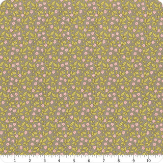 Tilda Sunday Brunch Blender TIPSY GREY TIL110118 by Fabric by Tilda: premium quilting cotton with petite pink florals and yellow-green leaves on muted brown, shown with a ruler for scale.