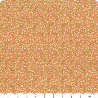 Tilda Sunday Brunch Blender TIPSY GINGER TIL110120 by Fabric by Tilda: premium orange quilting cotton with romantic pink florals and green leaves. Perfect for vintage summerhouse projects; ruler shown for inch scale.